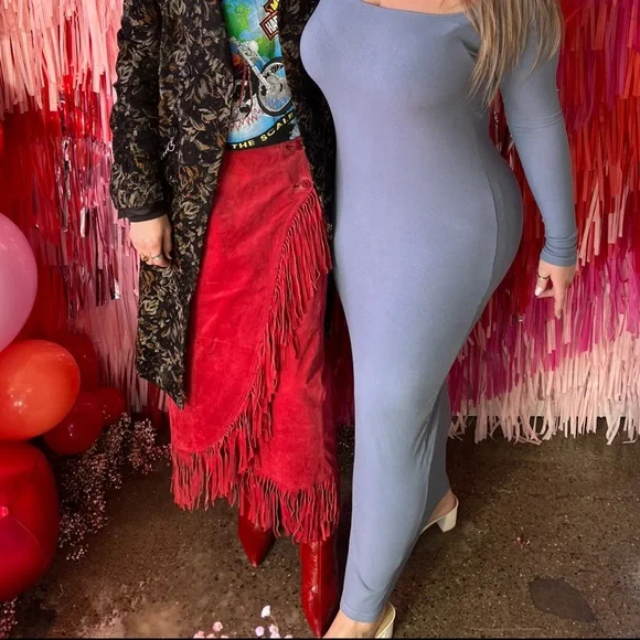 Red Suede Leather Wrap Maxi Skirt w/ Fringe - Size L - Picture 5 of 5